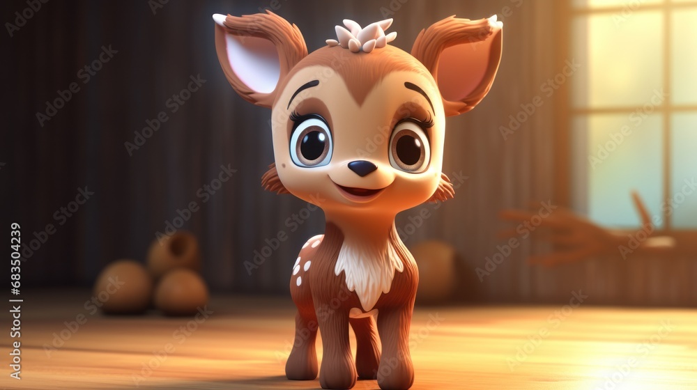 Poster a little deer standing on top of a wooden floor in front of a window with a light shining on it.
