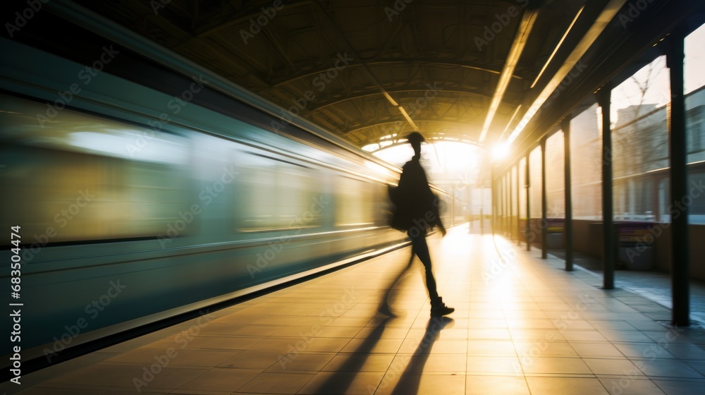 Poster a blurry photo of a person walking on a subway platform with a train passing by in front of them.