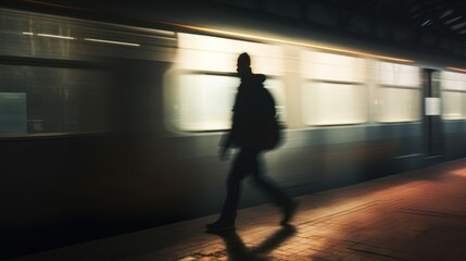  a blurry photo of a person walking on a train platform at a train station with a train passing by.