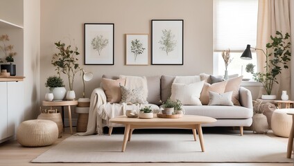 Fototapeta na wymiar A cozy, minimalist living room with Scandinavian influences and a neutral color palette. Generative AI