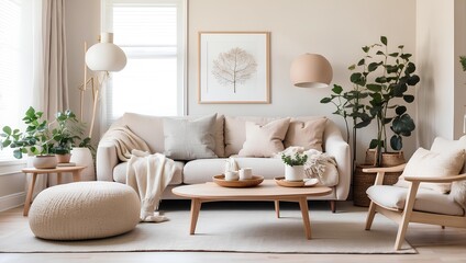 Fototapeta na wymiar A cozy, minimalist living room with Scandinavian influences and a neutral color palette. Generative AI