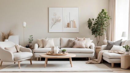 A cozy, minimalist living room with Scandinavian influences and a neutral color palette. Generative AI