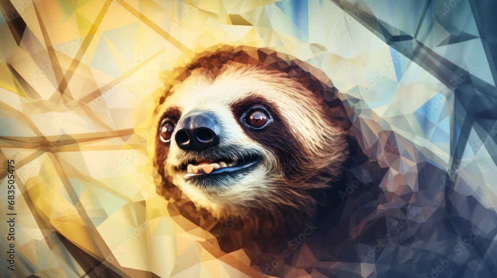 Poster a painting of a sloth hanging upside down on a tree branch with its mouth open and eyes wide open.