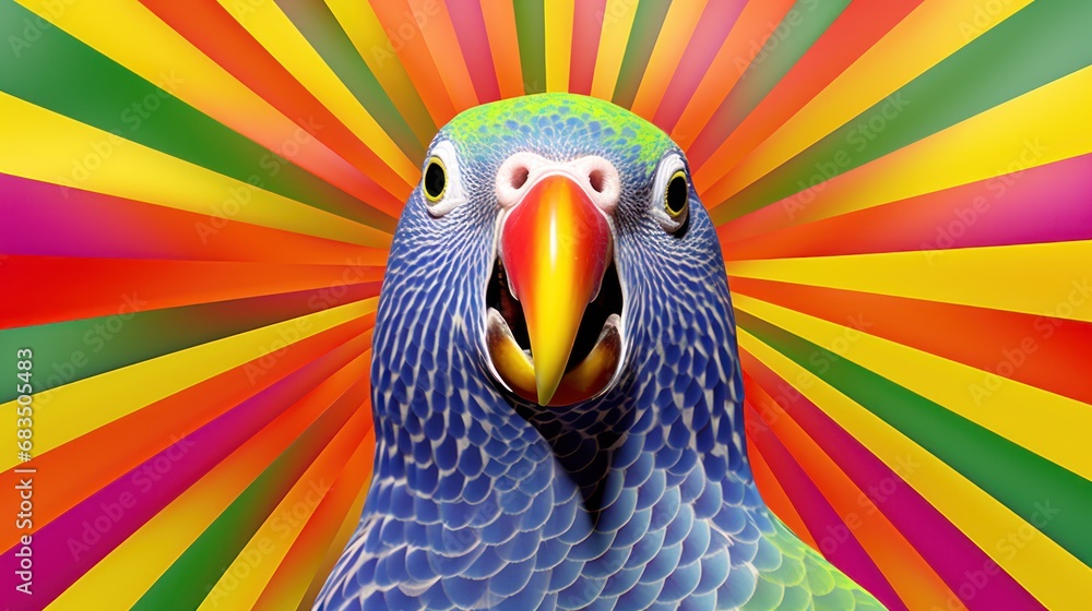 Aufkleber a multicolored bird with a large beak and a multicolored background that looks like a burst of color
