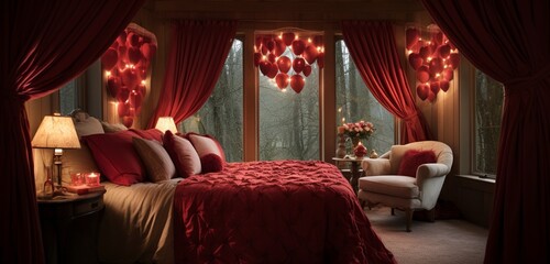 A bedroom adorned with soft, silk red curtains, and heart-shaped pillows on the bed.