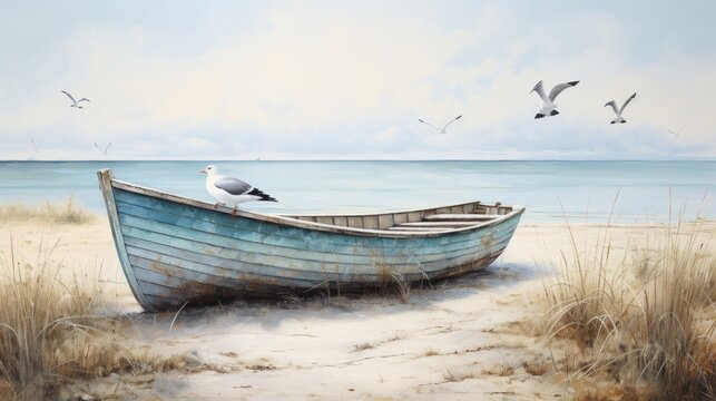  a painting of a boat on a beach with seagulls flying over it and the ocean in the background.