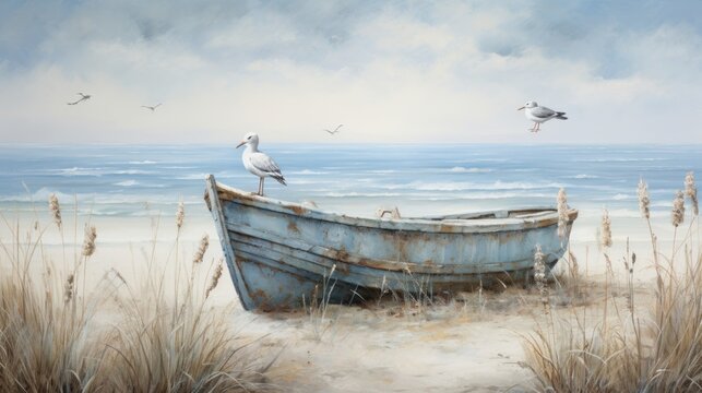  a painting of a boat on a beach with seagulls flying over it and a bird sitting on top of it.