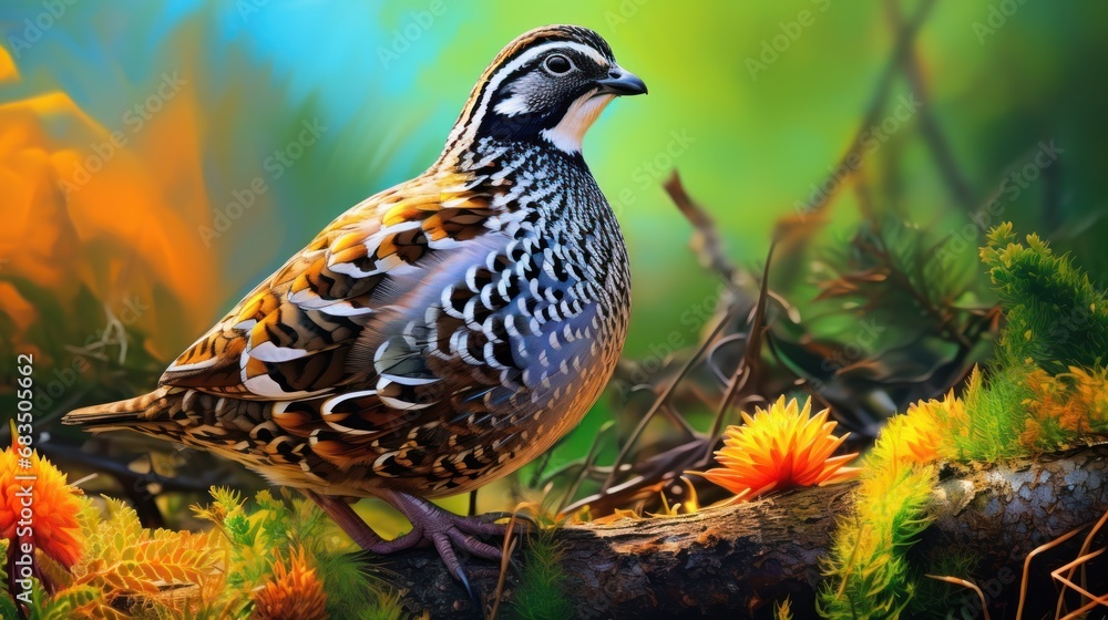 Poster a close up of a bird on a tree branch in a field of grass and flowers with a blurry background.