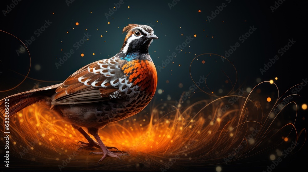Poster a close up of a bird on a black background with orange and blue feathers and a black background with