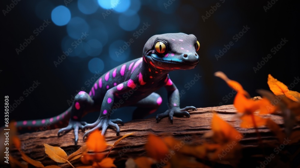 Poster a close up of a lizard on a branch with leaves in the foreground and a boke of lights in the backgro
