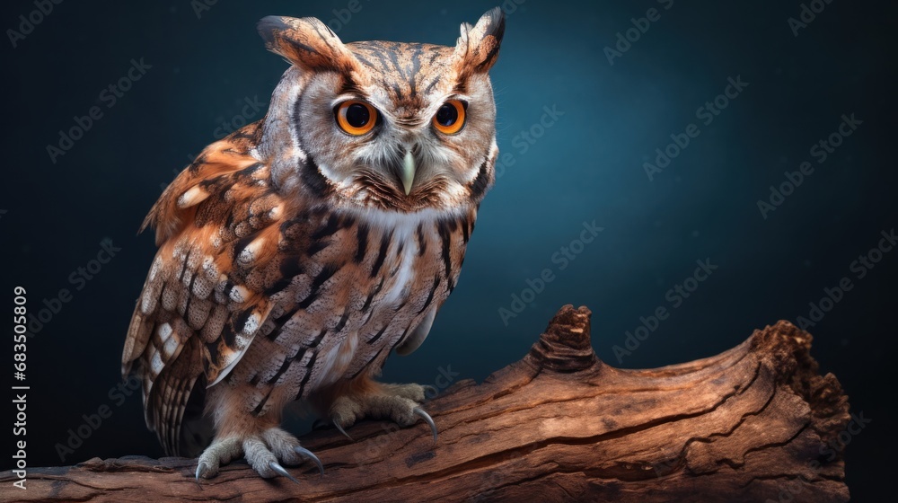 Poster a close up of an owl on a tree branch with a dark background and a light shining on the owl's head.