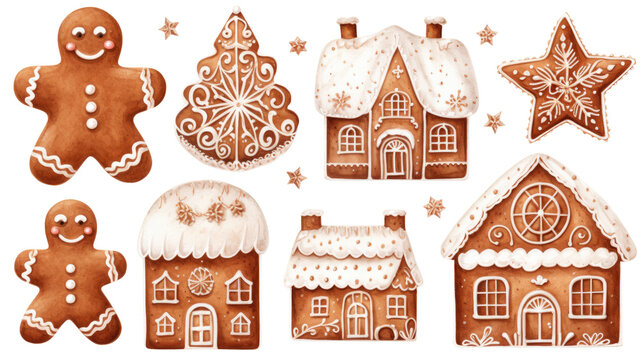 Christmas gingerbread clipart in watercolor painting design isolated transparent background