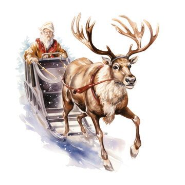 Christmas reindeer pulls a sleigh in watercolor painting isolated transparent background