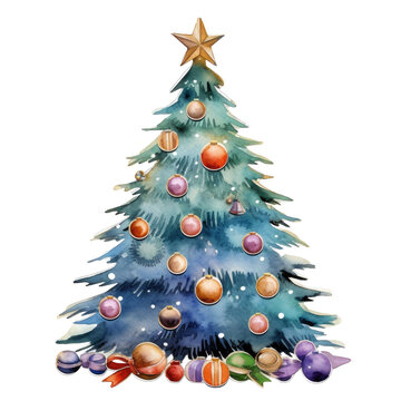 Christmas tree with decoration in watercolor painting design isolated transparent background