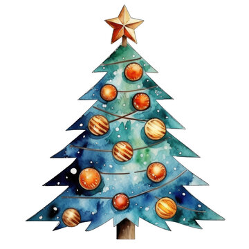 Christmas tree with decoration in watercolor painting design isolated transparent background