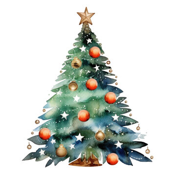 Christmas tree with decoration in watercolor painting design isolated transparent background