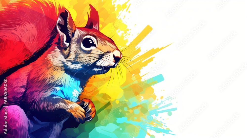 Poster a colorful picture of a squirrel on a white background with a splash of paint on the bottom half of 