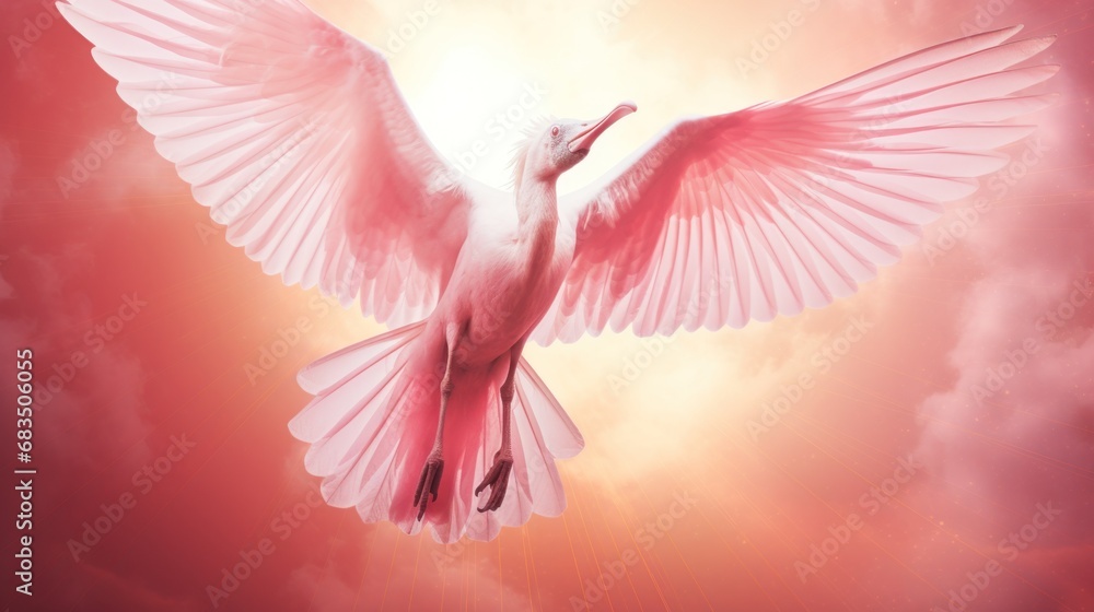 Aufkleber a white bird flying through the air with its wings wide open in front of a red and yellow sky with c