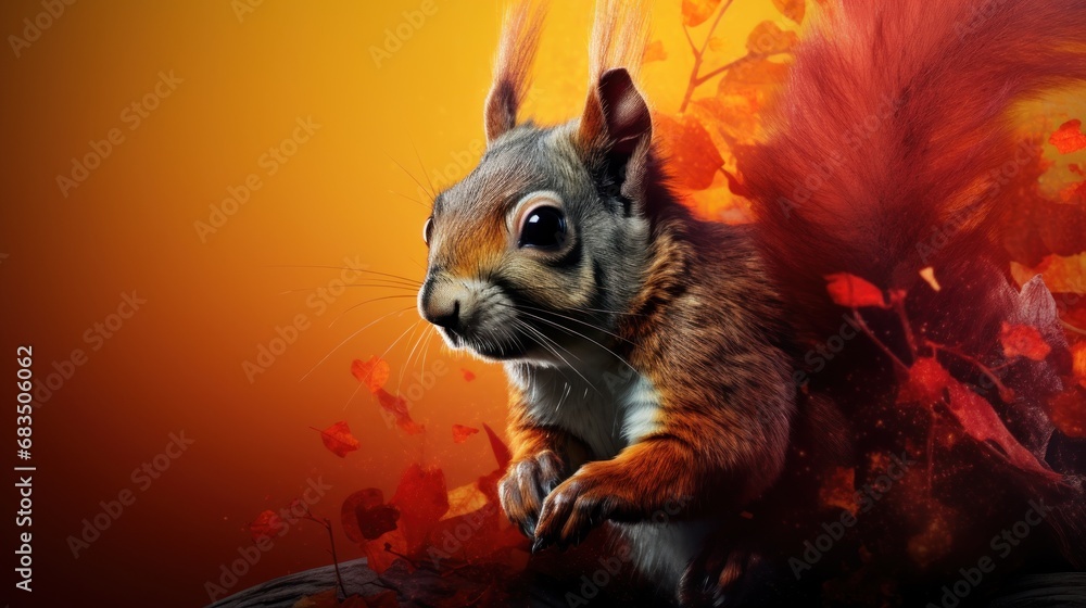 Poster a close up of a squirrel on a tree branch with a background of autumn leaves and red and orange colo