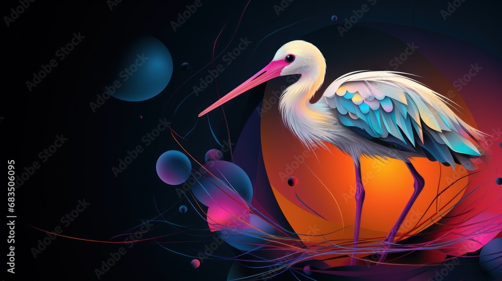 Poster a bird with a long beak is standing in a nest with bubbles and bubbles on a black background with bl