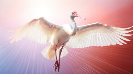 Fototapeta premium a large white bird with a long neck and wings spread out in front of a red, blue, and white background.