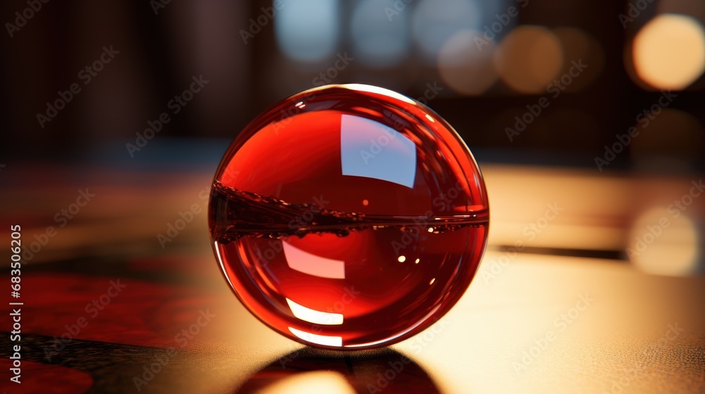 Poster a red object sitting on top of a table next to a black and red table cloth on a wooden table.