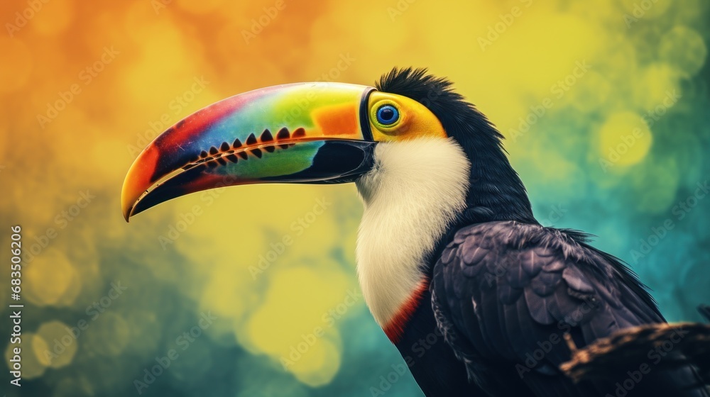 Poster a colorful toucan sitting on a branch in front of a multicolored background with boke of leaves.