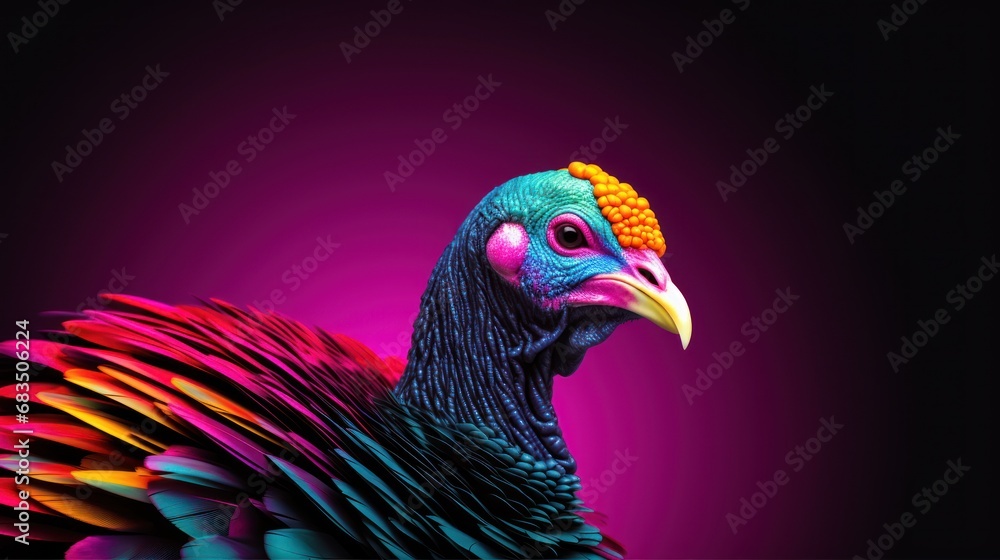 Poster a close up of a colorful bird on a black background with a red and yellow comb on it's head.