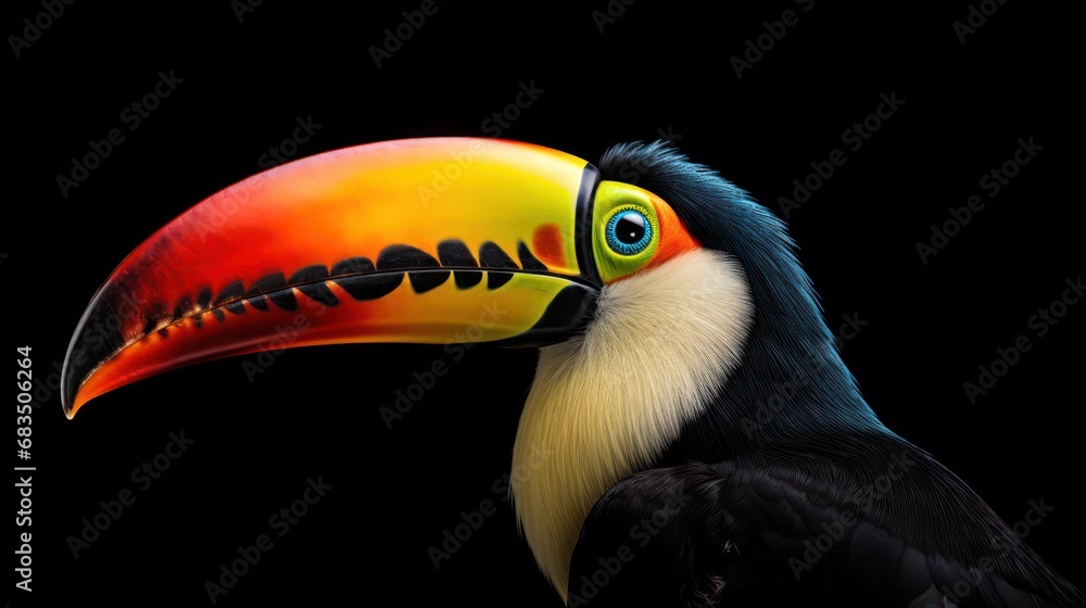 Poster a toucan bird with a colorful beak on a black background with a clipping path to the right of the im