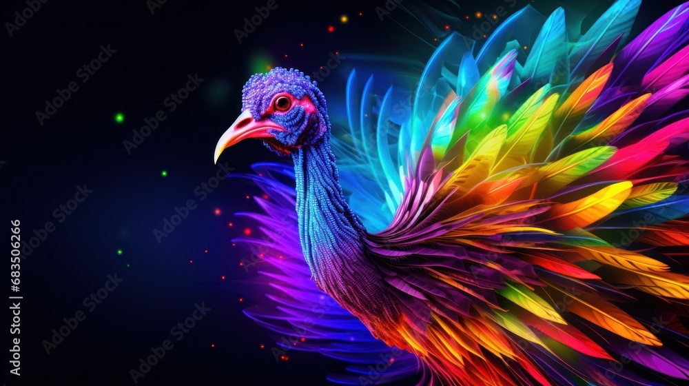 Poster a multicolored peacock is standing in the dark with its wings spread out and it's head turned to the