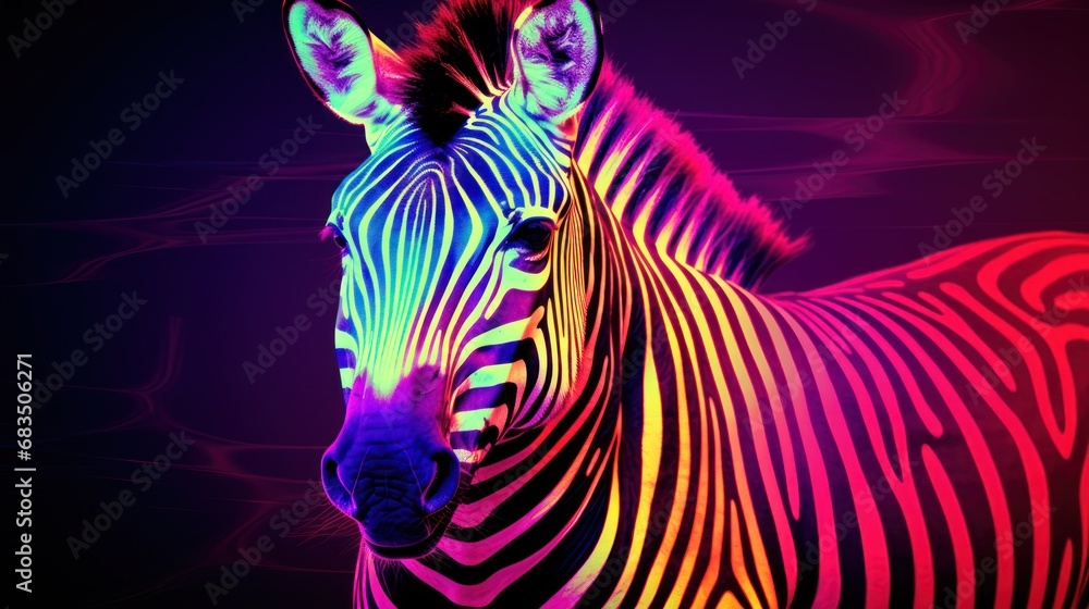 Poster a close up of a zebra's head with a multicolored pattern on the side of it's face.