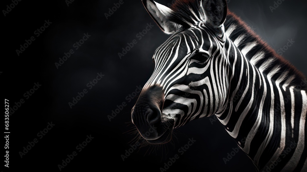 Poster a close up of a zebra's head on a black background with a light shining on the zebra's head.