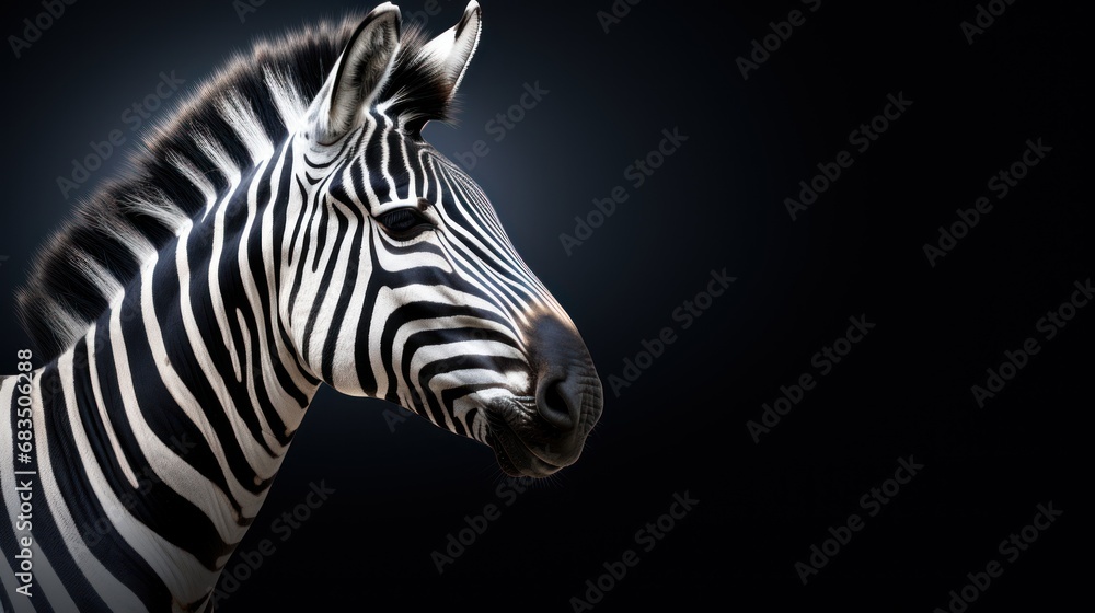 Poster a close up of a zebra's head on a black background with a light shining on the back of the zebra.