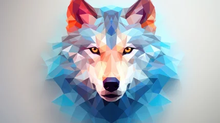 Poster  a wolf's head is made up of colorful geometric polygonics and looks like he is in the middle of the picture. © Oleg