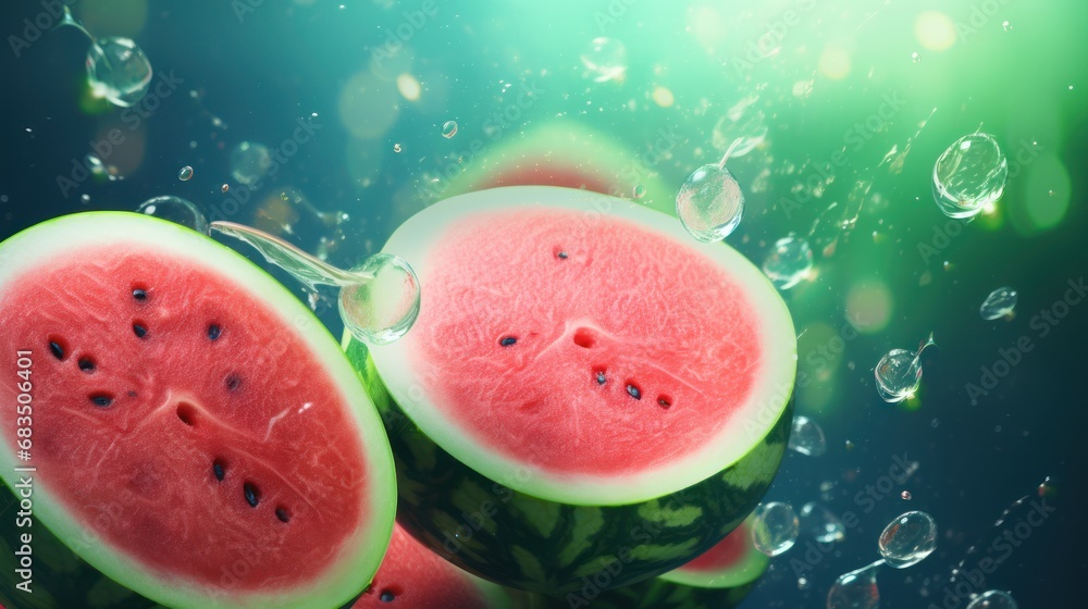 Poster  a group of watermelon slices floating on top of each other on a blue and green background with bubbles.