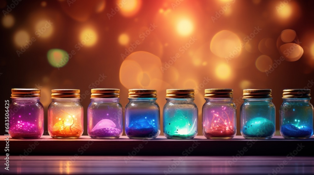 Poster a row of glass jars filled with different colored sand in front of a boke of lights in the backgroun