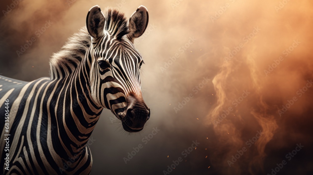 Poster a close up of a zebra on a dark background with a cloud of smoke in the air in the foreground.