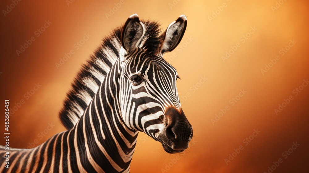 Poster a close up of a zebra's head with an orange sky in the background and clouds in the foreground.