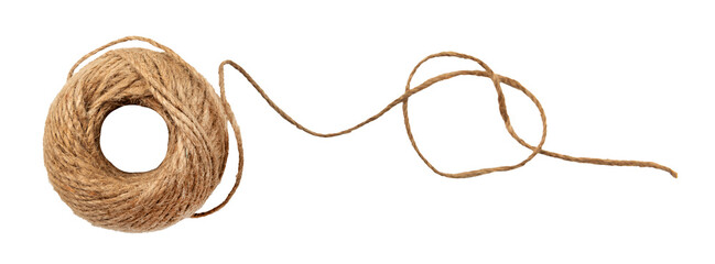 A ball of scourge rope on a white background. Thread isolate. Jute rope - obrazy, fototapety, plakaty