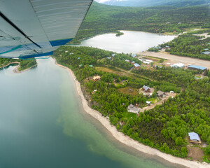 Aerial view of Port Alsworth, Alaska within Lake Clark National Park and Preserve. Private Port...