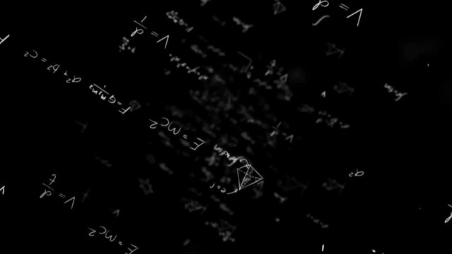 Mathematic and technology  overly black background screen video effect math and chemistry equations in white color randomly animated 4k video effect retro video