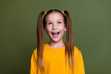 Portrait of impressed kid with tails hairdo dressed yellow sweatshirt look up at offer empty space...
