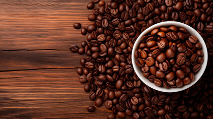 Fototapeta premium Roasted coffee beans on a dark wooden table and in a cup, top view. Background of aromatic brown coffee beans scattered on the surface, copy space. Place for text