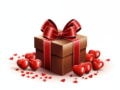 Concepto caja de regalo dorada adornada con un s&uacute;per lazo rojo vivo decorado con muchos corazones rojos peque&ntilde;os, visto de lado, tarjeta regalo postal, dise&ntilde;o, ilustraci&oacute;n, boceto