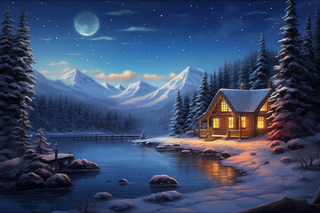 Winter evening scene with a rustic cabin beside a lake in snow covered alpine forest - obrazy, fototapety, plakaty