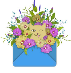 Envelope with a bouquet of flowers and a funny cat