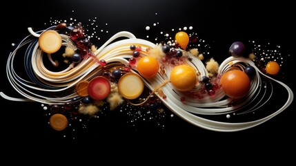  a black background with oranges, black and white swirls and a black background with oranges and white swirls.