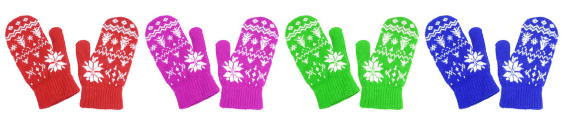 Set of colorful snowflakes wool mittens. Christmas winter gloves isolated on white background.