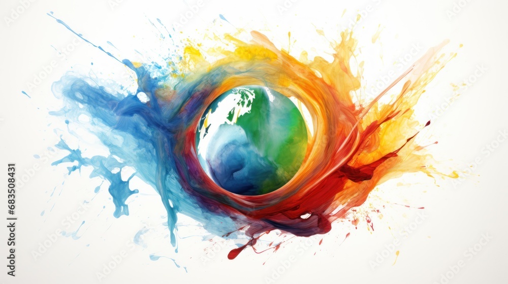 Poster a picture of a colorful object with paint splatters on it and the earth in the center of the image.