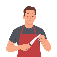 Man Sharping a Big Knife Used in the Kitchen.  Flat vector illustration isolated on white background